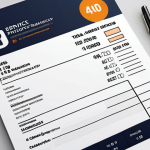 **

A clean, modern invoice template with fields highlighted, displaying essential information: company logo, client details, invoice number, itemized services with prices, VAT amount, total amount due, payment terms, and bank details. The style should be professional and easy to read.

**