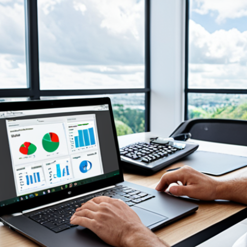 Home 6 **Cloud Accounting in Practice:** A modern, bright office scene with an accountant using a laptop, showcasing cloud accounting software. Focus on the accessibility and real-time data visualization aspect.