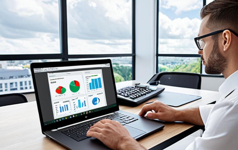 **Cloud Accounting in Practice:** A modern, bright office scene with an accountant using a laptop, showcasing cloud accounting software. Focus on the accessibility and real-time data visualization aspect.